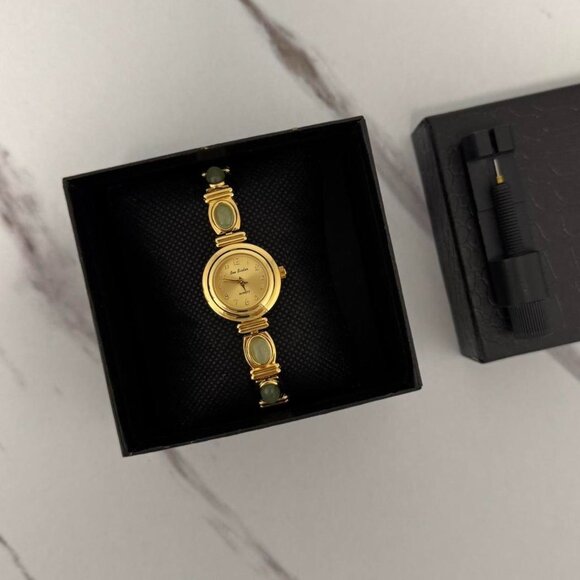 SKU:0087 Gold mini Watch with green natural stones +‎ in a gift box main image 2